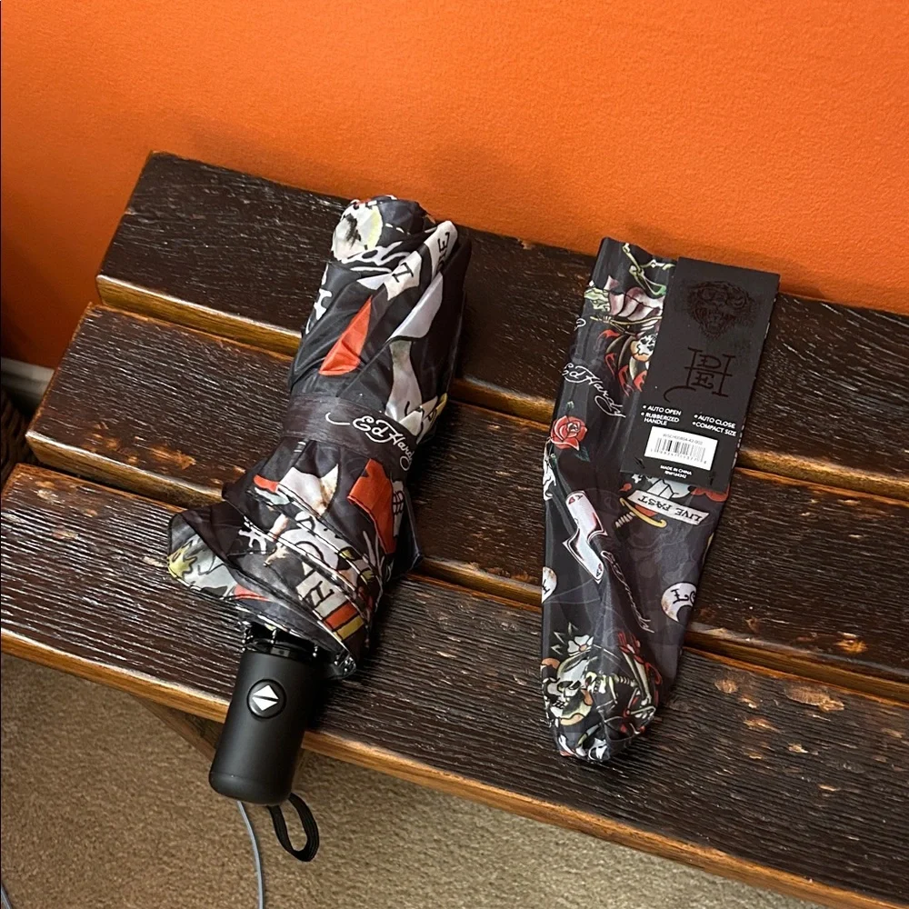 Ed Hardy Black Tattoo-Print Compact Umbrella with Red and Yellow Accents